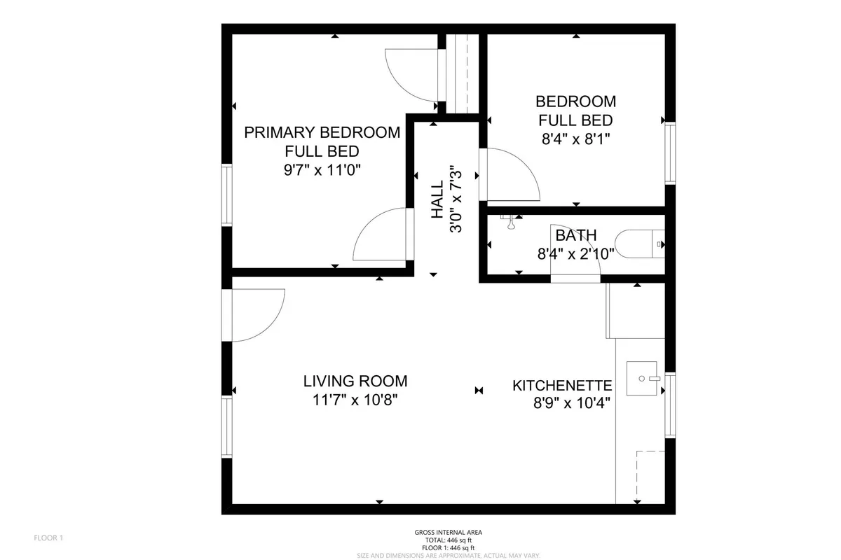 A composite image showing the Primary Bedroom, Living Room, Kitchenette, and Bath. The living room space is warm and inviting, with plenty of room for family gatherings or quiet mornings with coffee.