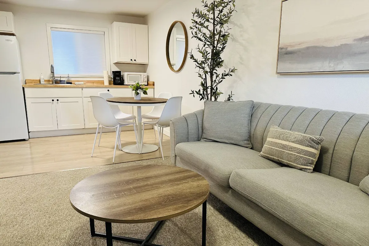 This image highlights the main living area, showcasing a cozy sofa, dining table, kitchen area, decorative plant, and artwork. The room is filled with natural light and exudes a newly remodeled style, offering a welcoming space for relaxing, dining, and socializing.